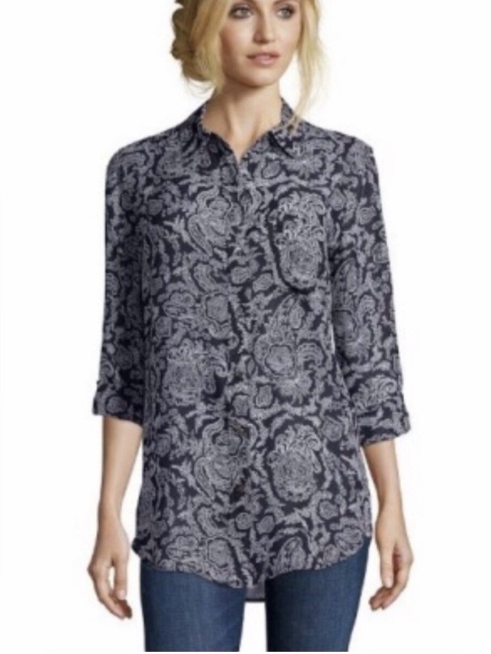 Theory Women's 100% Silk Long Sleeve Collared Navy Paisley Button Down Shirt M